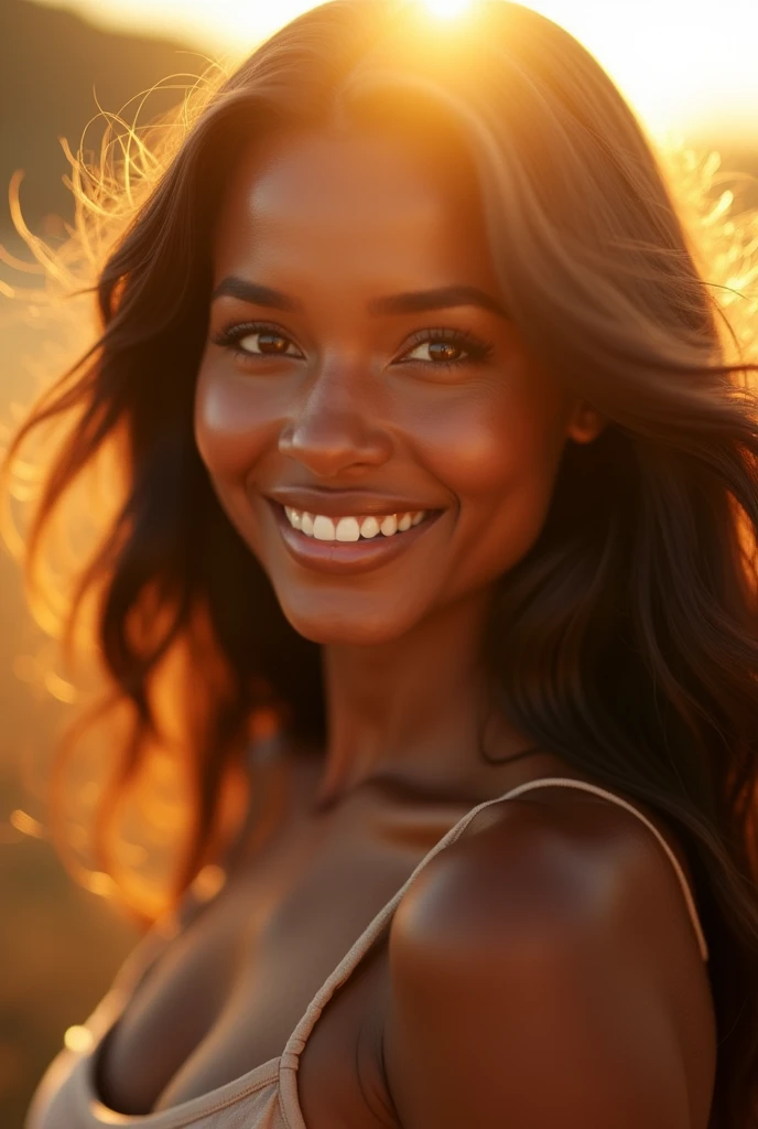 Beautiful image of the sun illuminating a beautiful brown skinned woman model style with beautiful smile, focus on the radiant sun