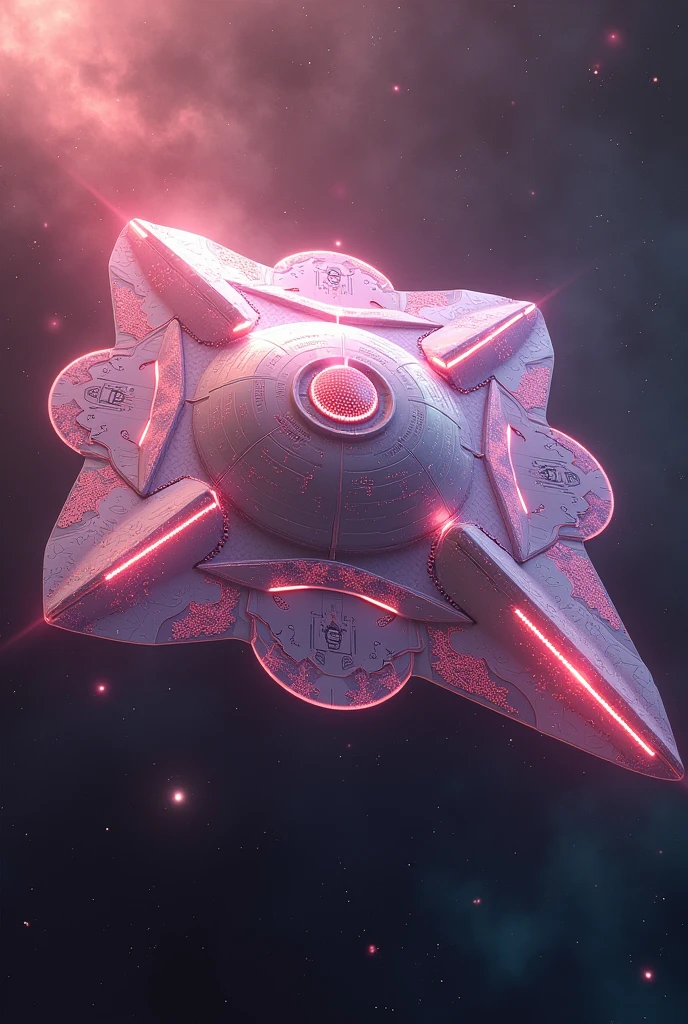 A sleek and advanced starship of the Sakurianas set in 3000 d.C. The starship, known as the Sakura Nebula, embodies the elegance and technological prowess of the Sakurianas. Its exterior features a shimmering, iridescent hull that resembles the delicate petals of Sakura flowers, shifting colors as it moves through space. The ship is designed with a streamlined, aerodynamic shape, incorporating bioluminescent patterns that glow softly, reminiscent of the Sakura blossoms that define the Sakurianas' homeland.The interior of the Sakura Nebula is a fusion of high-tech sophistication and natural aesthetics. The walls are adorned with holographic projections of Sakura trees and flowing petals, creating a serene and immersive environment. The control center features a panoramic viewport with advanced, adaptive transparency that allows the crew to observe the cosmos in stunning detail.The ship is equipped with cutting-edge propulsion systems that utilize energy-efficient drive technology, allowing for swift travel across interstellar distances. Its defensive capabilities include energy shields that project a protective barrier resembling a radiant Sakura blossom, capable of deflecting cosmic threats and energy attacks.The Sakura Nebula also boasts advanced research facilities and botanical gardens, where Sakurianas cultivate and study extraterrestrial flora and fauna, integrating their knowledge with their advanced technology. The starship’s onboard AI system, designed with a serene and intuitive interface, assists the crew in navigation, communication, and maintaining the ship's harmony with its surroundings.In the vastness of space, the Sakura Nebula serves as both a sanctuary and a symbol of the Sakurianas' graceful and technologically advanced civilization, exploring new worlds while embodying the beauty and serenity of their homeland.