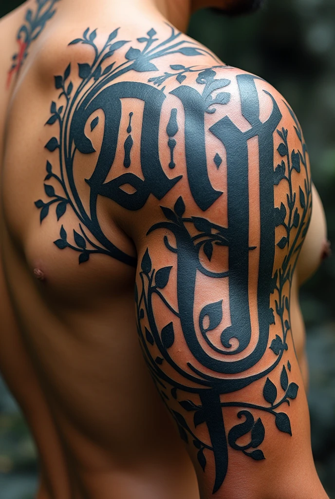 A tribal tattoo art with black ink writing Ivy