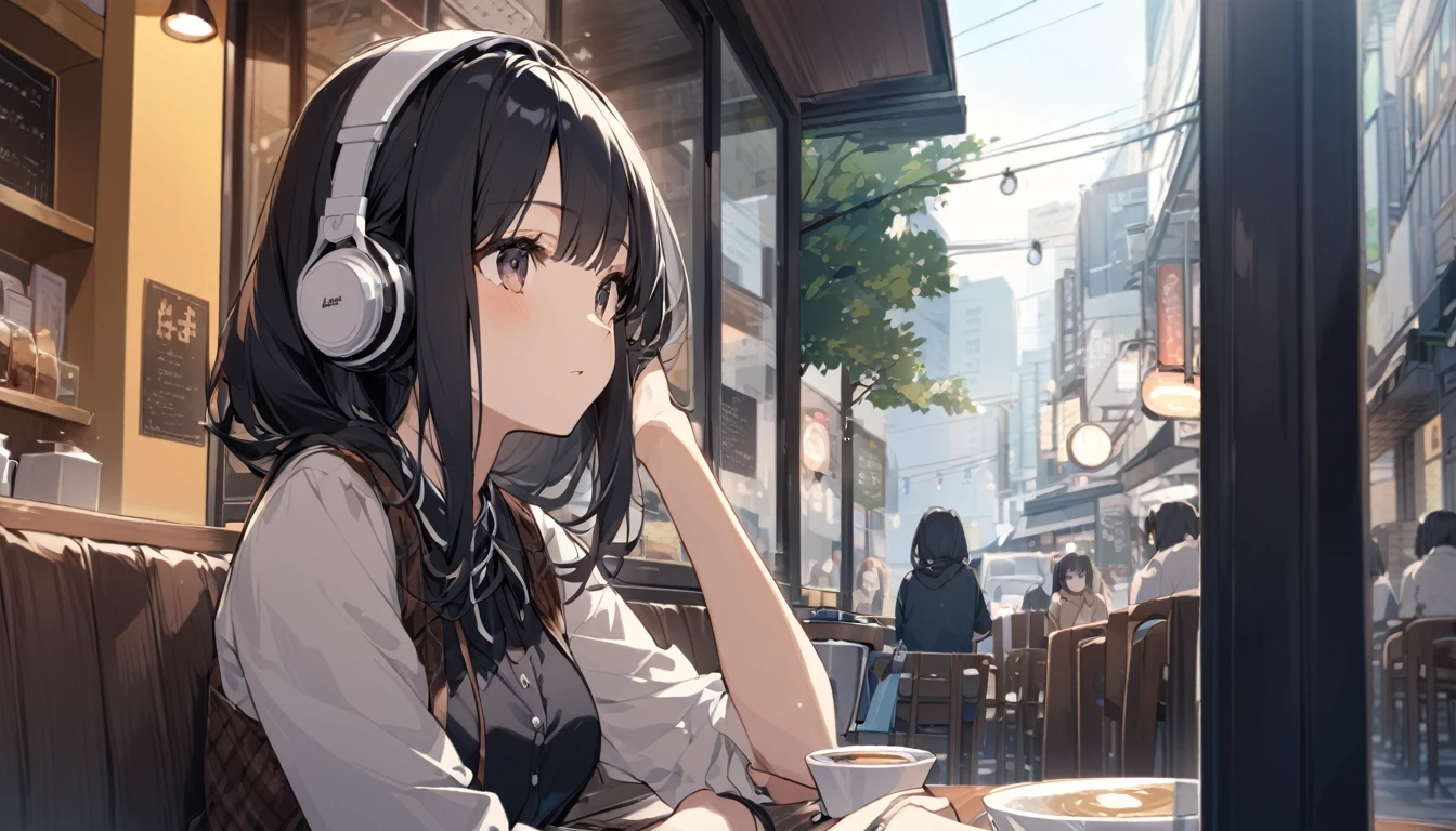 A woman with black hair and cute clothes sits calmly in a cafe in Tokyo waiting for someone,Streetscape、Listening to music with headphones、Japanese