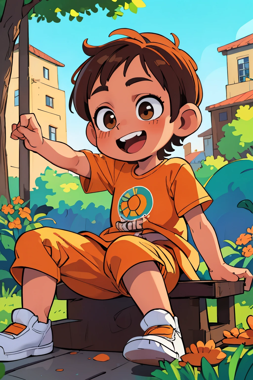 (best qualityer,4K,8k,high resolution,work of art:1.2),ultra detali,realisitic,portraite, a young boy, 6,beautiful detailed Brown eyes, detailed, happy in a beautiful sunny day , playing With a Orange bike, illustration style,swirly vibrant colors,warm hues,soft lighting,green garden background