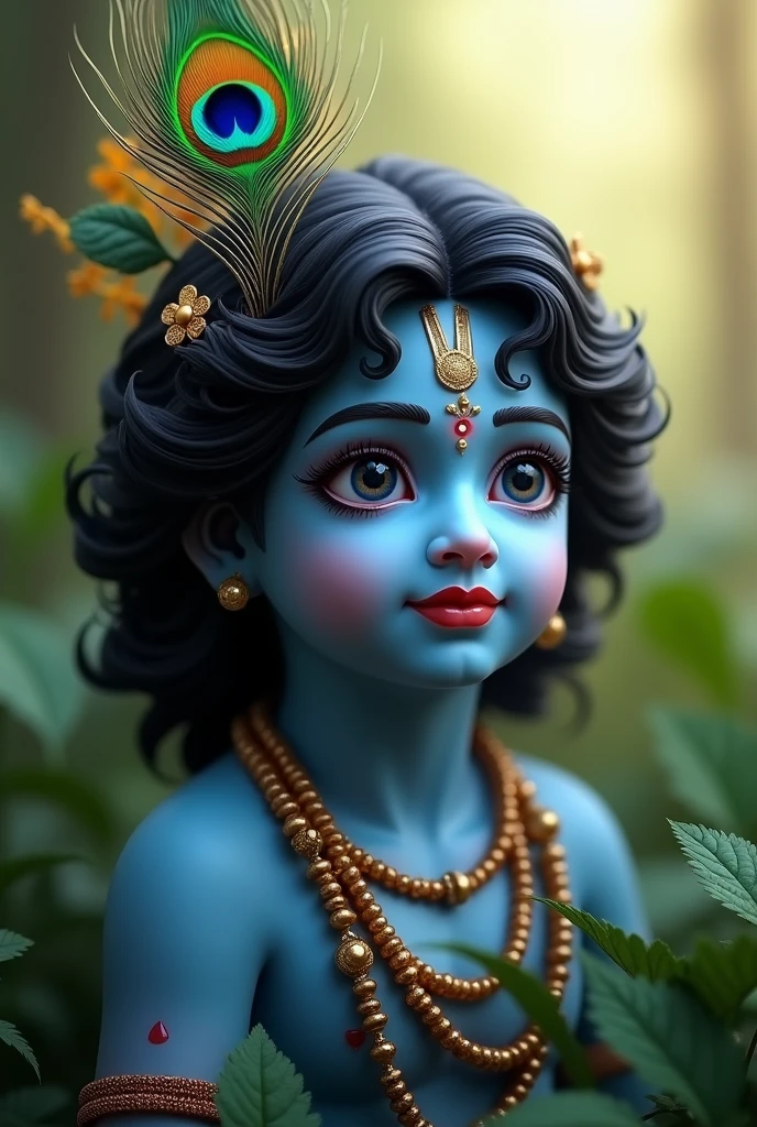 (photorealism:1.2), beautiful realistic image of lord krishna ,subtle blue face, realistic peacock feather in his hair,soft lighting, plants in background, realistic, intricate details, warm colors,