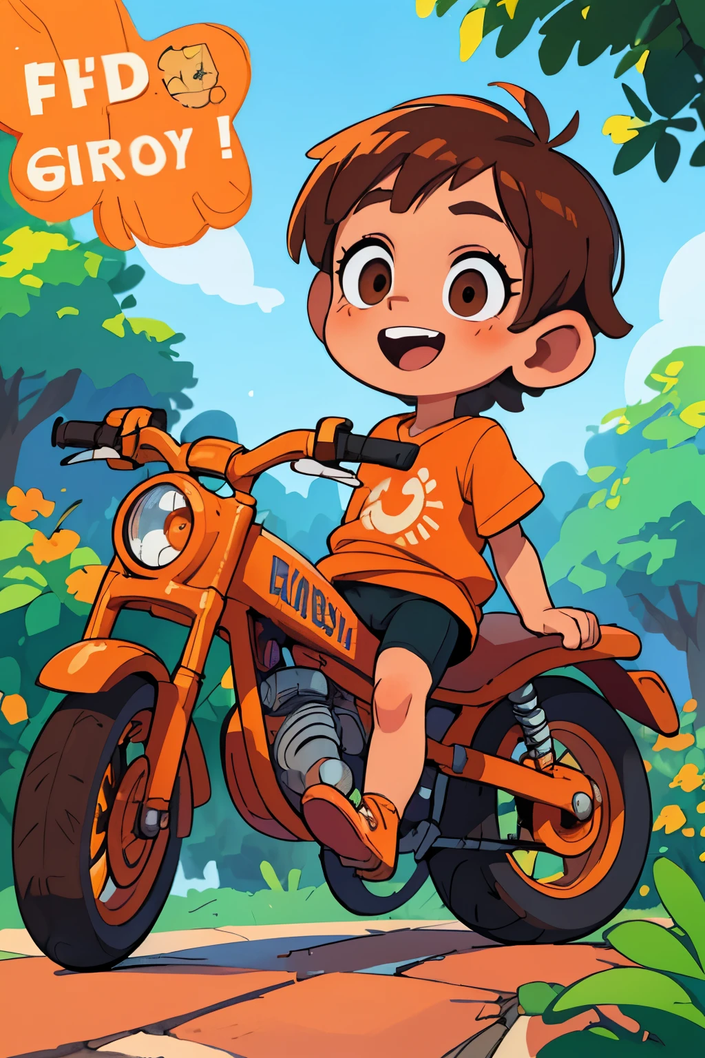 (best qualityer,4K,8k,high resolution,work of art:1.2),ultra detali,realisitic,portraite, a young boy, 6,beautiful detailed Brown eyes, detailed, happy in a beautiful sunny day , playing With a Orange bike, illustration style,swirly vibrant colors,warm hues,soft lighting,green garden background