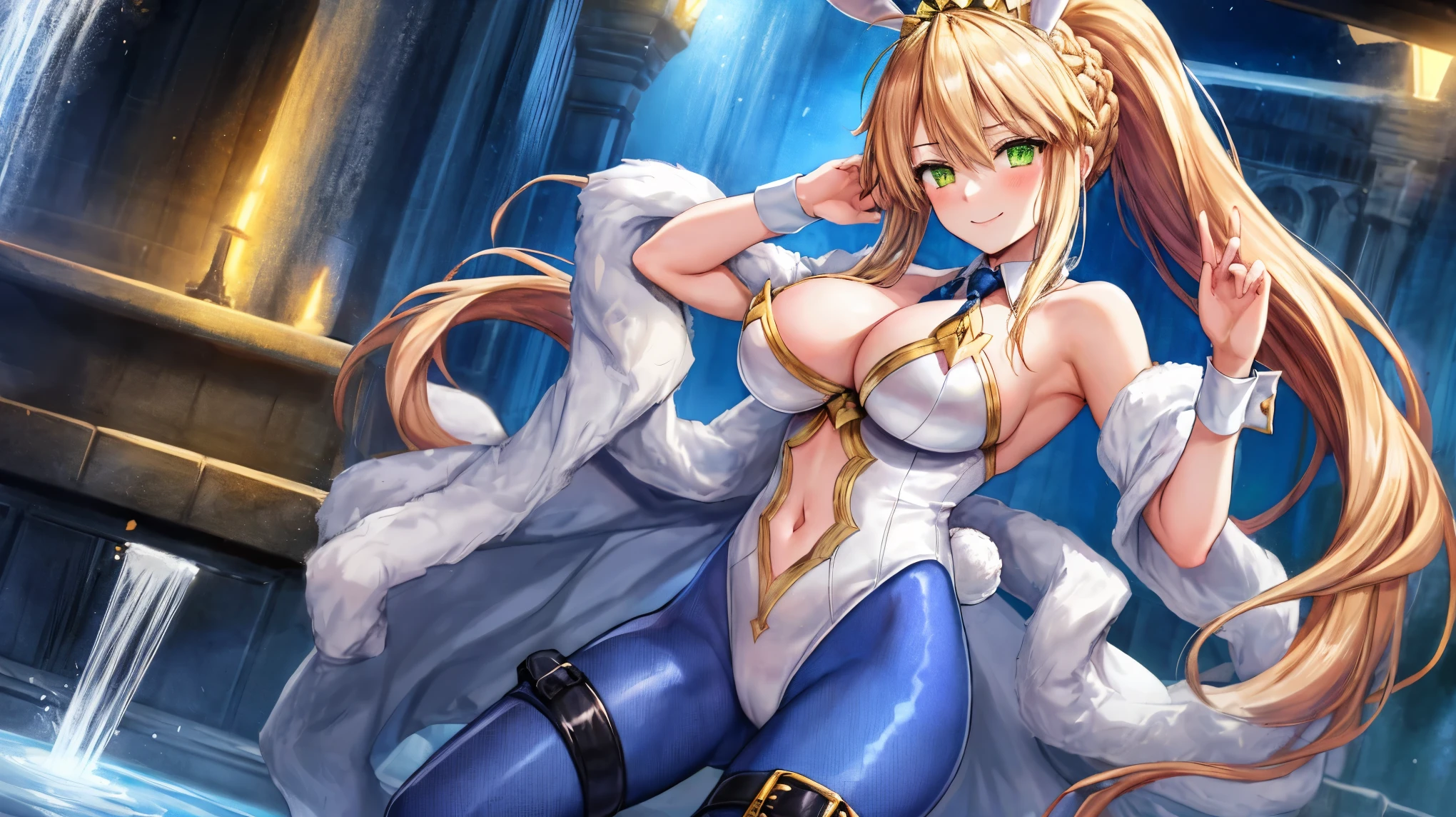 masterpiece, best quality, absurdres, soft lighting, looking at viewer, solo, light_smile, shy,
1girl, ahoge, rabbit ears, playboy bunny, artoria pendragon \(swimsuit ruler\) \(fate\), large breasts , blonde hair, green eyes, french braid, pony tail
bare shoulders, large breasts , cleavage,
clothing cut out, wrist cuffs, detached collar, navel cutout, feather boa,
white leotard, blue necktie, blue pantyhose, single thigh strap, hands_on_head,put_hands_up,
squat,gorgeous_fountain_landscape_background,solo,rabbit_posing,large_thighs,Extend_fingers,palm,open_legs,.solo
