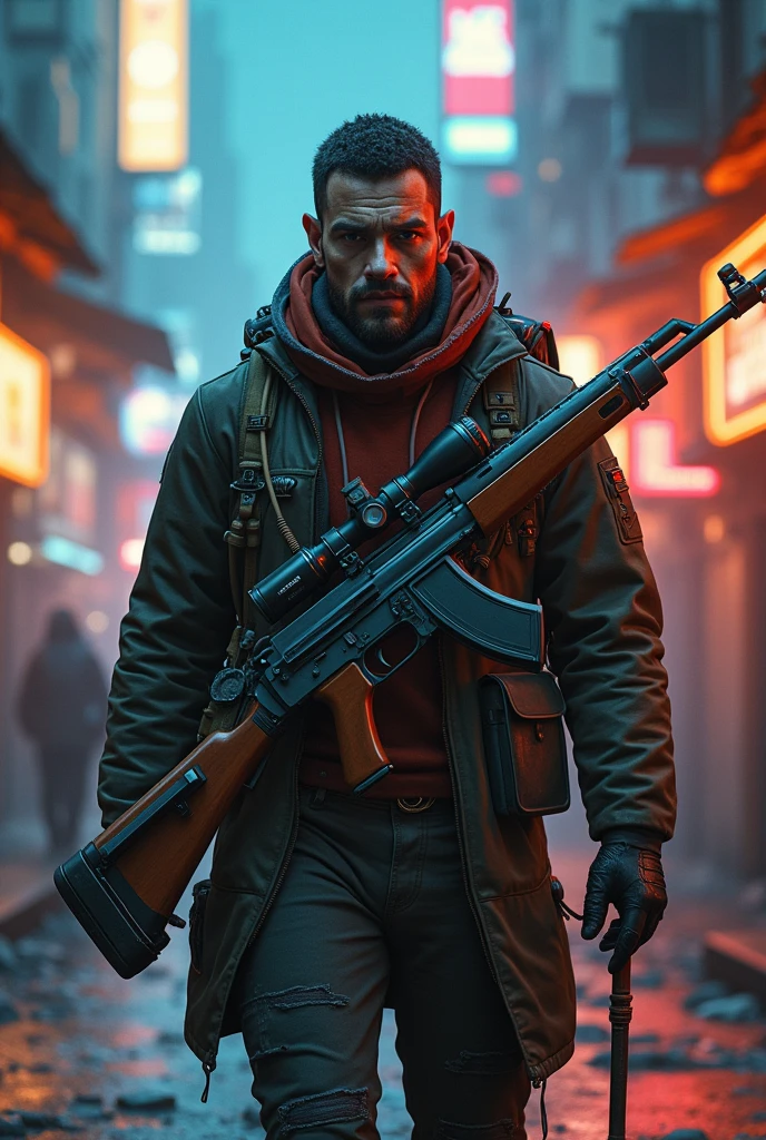 Adventurous traveling merchant with a cyberpunk-style bolt-action rifle
