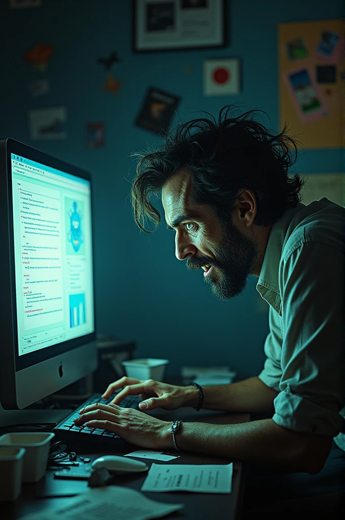 A crazy man at the computer