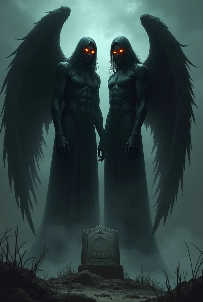 Two angels with black faces and fiery eyes, their bodies should be black without wings above the grave