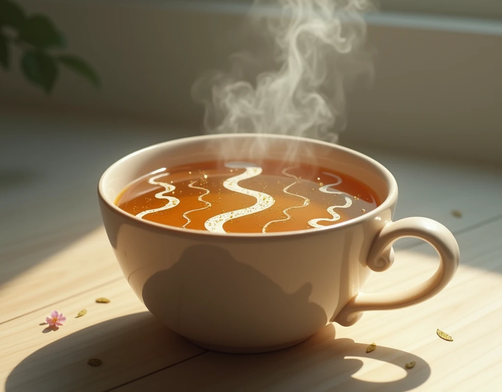 We need an image of a cup of tea, but many small paths have fallen into the tea.