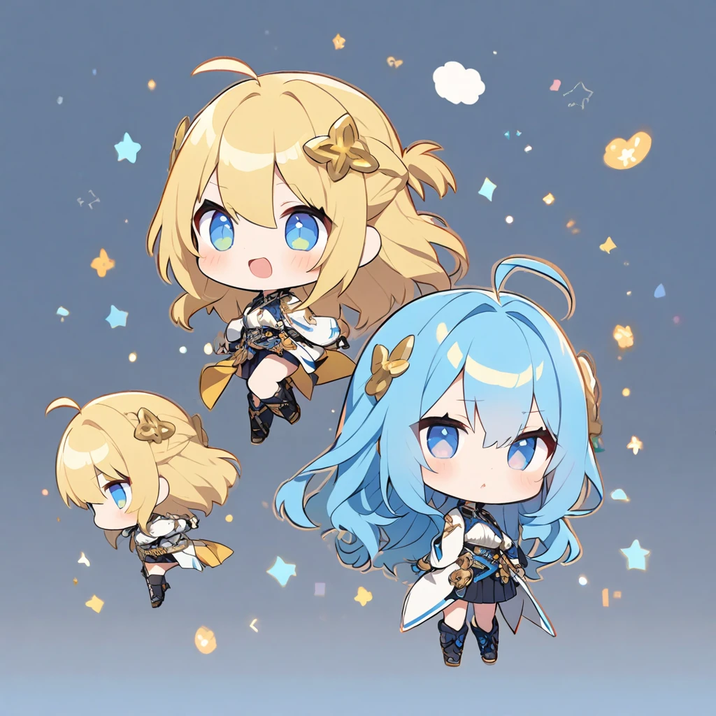 Chibi Character、Ahoge、Blue Hair、Golden hair ornament、Long Hair