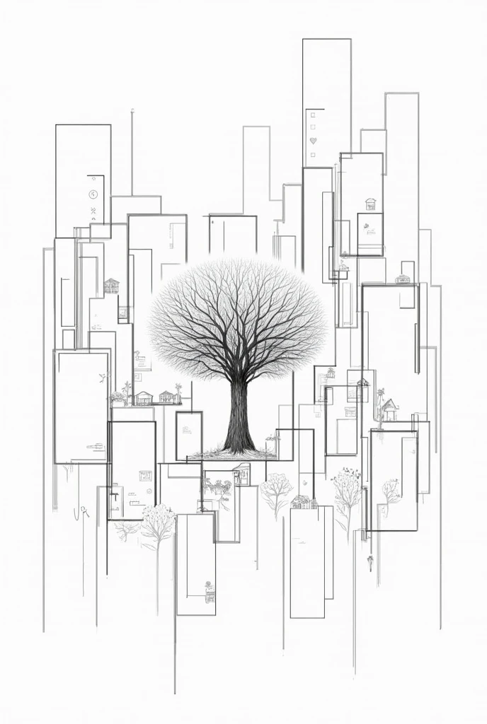 Make me a picture of a wall art that has a tree in the middle and buildings around it, do it for me in sketch form 
