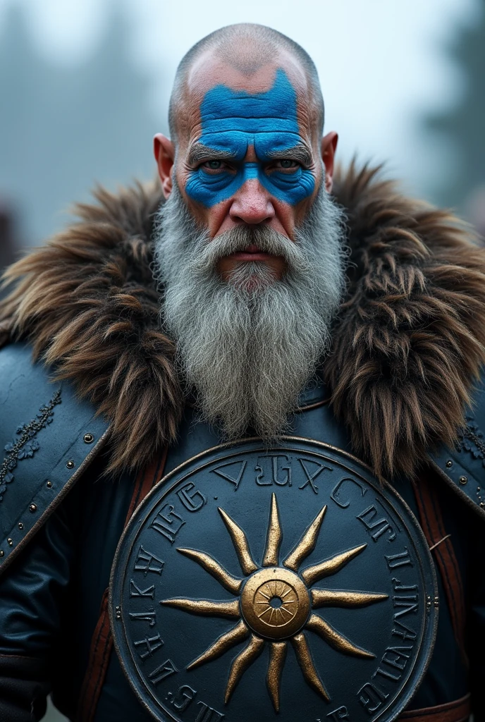 Generates an elderly Viking with a more or less long beard, calvo, with blue paint on his face and wearing black armor with a bright sun sign on the armor 