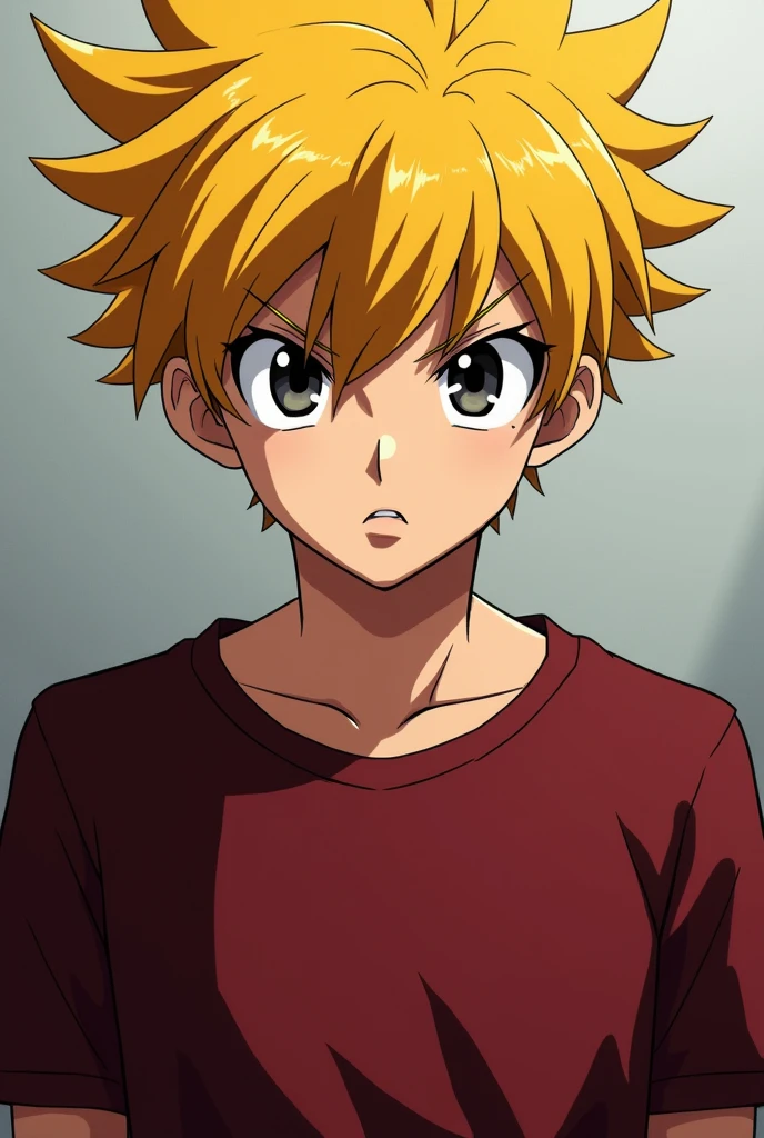 Create a Buy Character in Anime Form Which had a yellow Heirs in A dark Red t shirt with black Eyes with sharp nose and Serious Face  and he looking Straight forward to me 