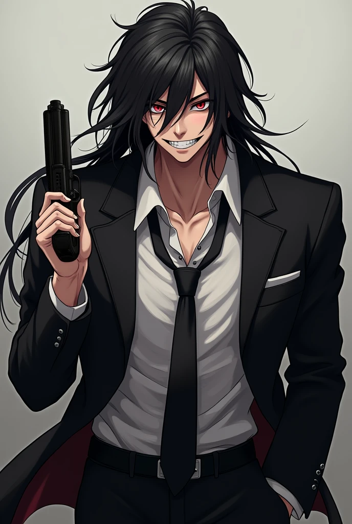 Portrait of an anime boy with muscular body having psycho red wild eyes, psycho smile wearing black suit with tie, having gun in hand ,very long black hair