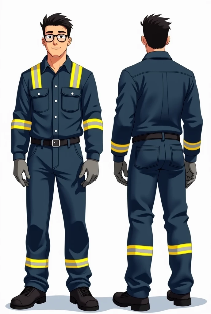 Man from front and back wearing dark blue work clothes with a single yellow reflective stripe on the front and back of the shirt and a yellow reflective stripe on the pants, that you have safety elements such as glasses, grey gloves and black shoes.
that the drawing is animated