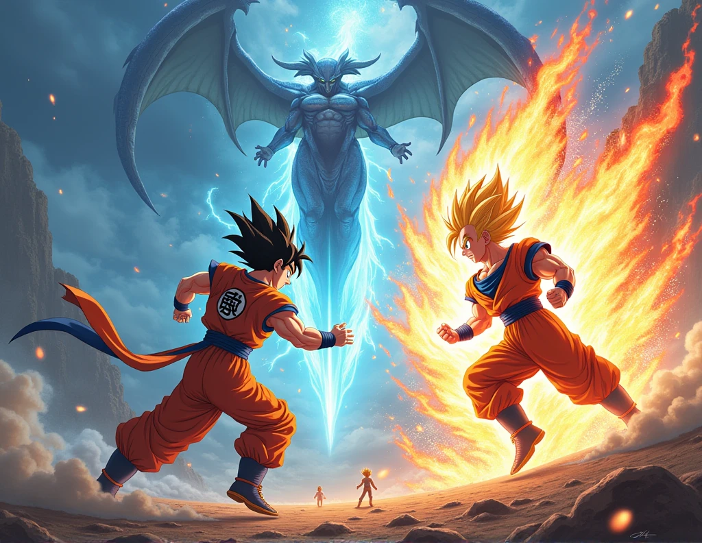 Goku in ultra instinct phase 3 fighting against Vegeta in ultra ego phase 3 in a background where Shen Long tries to stop them as well as Whiss and Bills