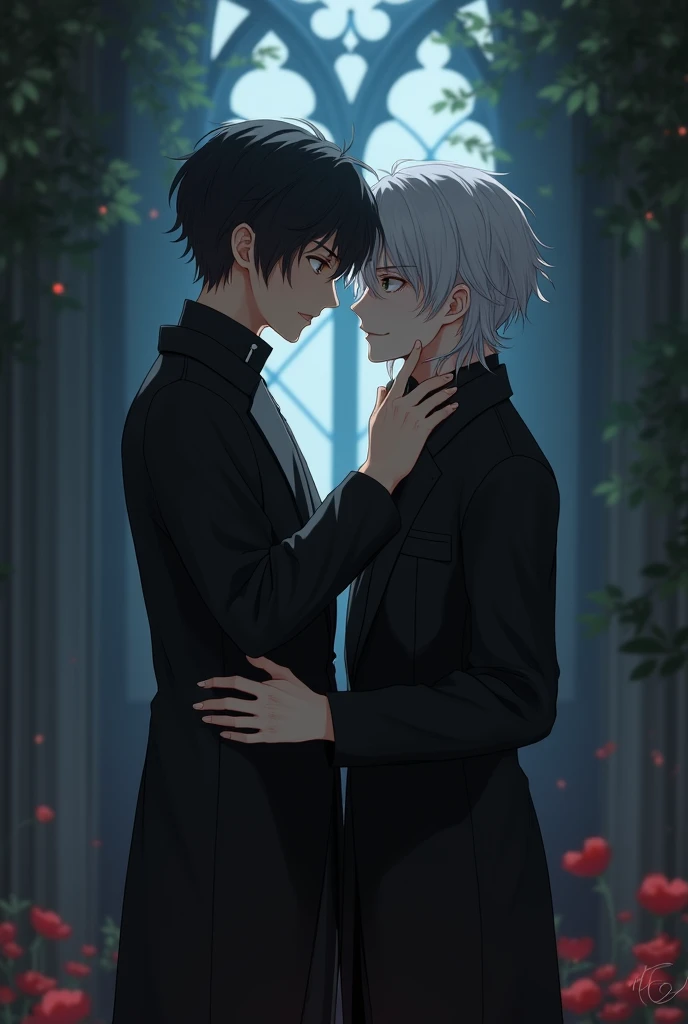 Create a realistic photo of a seminarian boy and a vampire boy, sweet moments