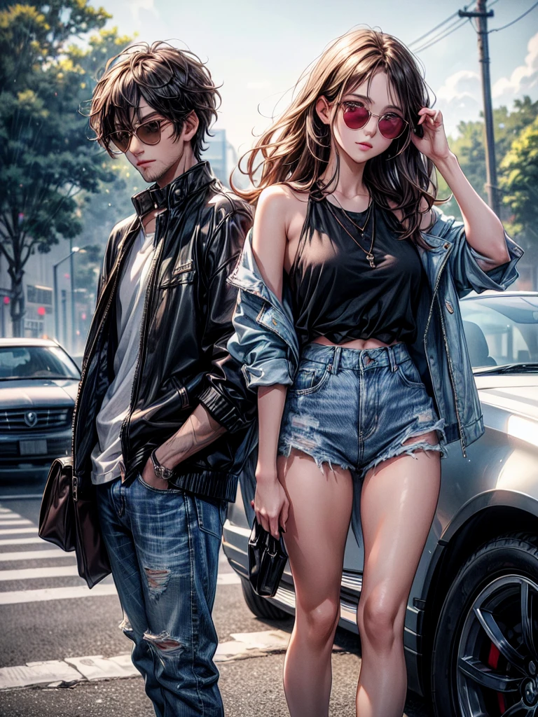 Create a anime style landscape image. Stylish and modern photograph featuring a young man and woman posing next to a black car with a red roof. The man, with a medium skin tone, has short dark hair, a beard, and is wearing blue sunglasses, a light blue denim shirt over a white t-shirt, white pants, and white sneakers. The woman, with a fair skin tone, has long, wavy brown hair and is dressed in a white sleeveless top, white ripped jeans, and white high-heeled shoes. She has a light blue denim jacket tied around her waist. The background is a misty, overcast setting with a road and cloudy sky, adding a dramatic effect to the scene.