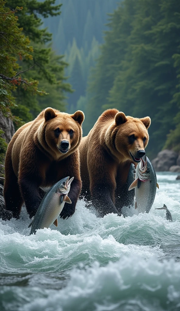 A group of grizzly bears, solitary by nature but gathered together, modern era, standing next to a river full of salmon, with a salmon in their mouth, surrounded by a lush forest, with the river flowing rapidly in the background, medium shot, hyper-realistic, photorealism, cinematography. -Ar 9:16.