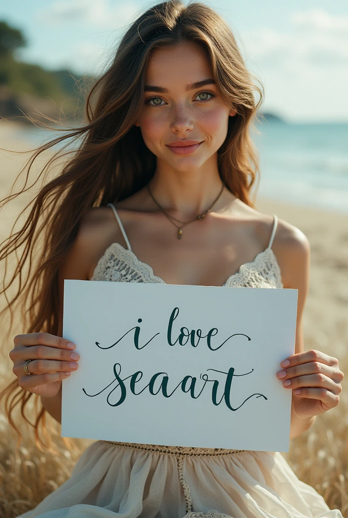 Beautiful girl with wavy long hair, bohemian dress, holding a white board with text "I Love Seaart Infinity" and showing it to the viewer