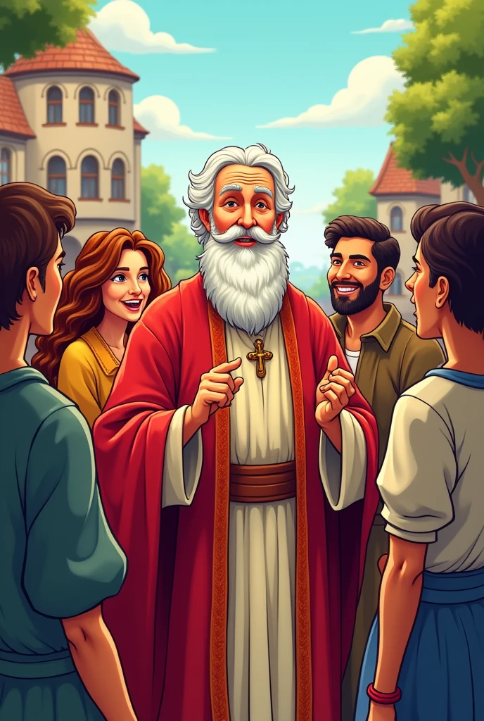 Create for me an image of St. Augustine of Hippo with young people, men and women around, with 2D cartoon style
