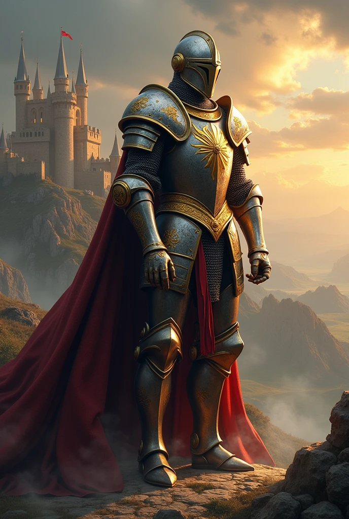 A medieval knight in legendary armor representing light and darkness moving in victory 
