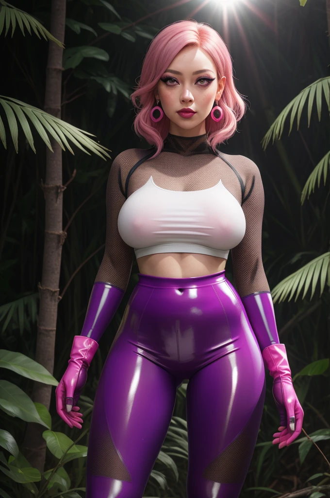 (ultra realistic,32k,RAW photo:1.1),(high detailed skin:1.1), 8k uhd, dslr, high quality, film grain, (makeup, mascara:1.1), lips,(thick\lips\),
(sheer see-through tight-fitting mesh provocative clothing:1.1),
(busty:1.1) , (chubby:0.1),(backlight:1.1), nishikino maki, purple eyes, (pink tight crop top), breasts ,elbow gloves, (pink latex leggings),in jungle , (standing), earrings , blushing