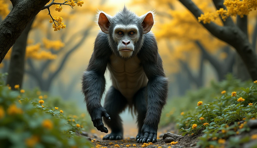 Front view,There is a wild beast in the osmanthus forest,Looks like an ape but has white ears,Standing and walking(best quality,4K,8k,High level,masterpiece:1.2),Ultra Detailed,(lifelike,Photo real,Photo real:1.37)