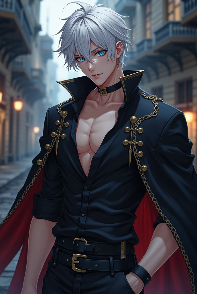 short white hair anime handsome boy with emotionless dark blue sharp eyes, white hair toned, with katana wearing open wide collar black shirt with a pirate cape in the shoulders with black steel old century gun on belt