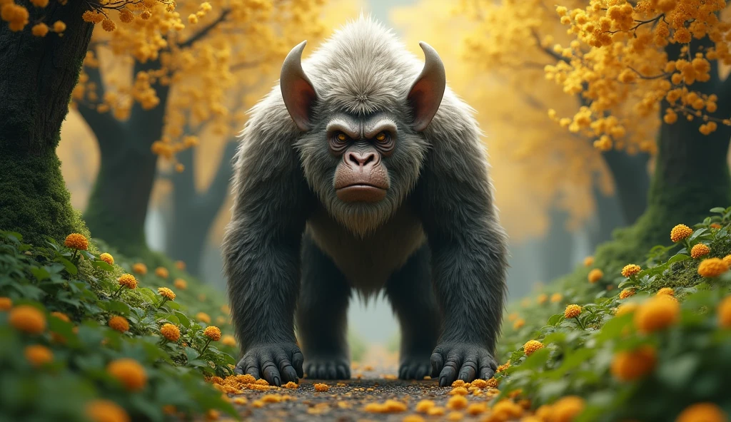 Front view，There is a wild beast in the osmanthus forest，Looks like an ape but has white ears，Standing and walking（best quality，4K，8k，High level，masterpiece：1.2），Ultra Detailed，（lifelike，Photo real，Photo real：1.37）