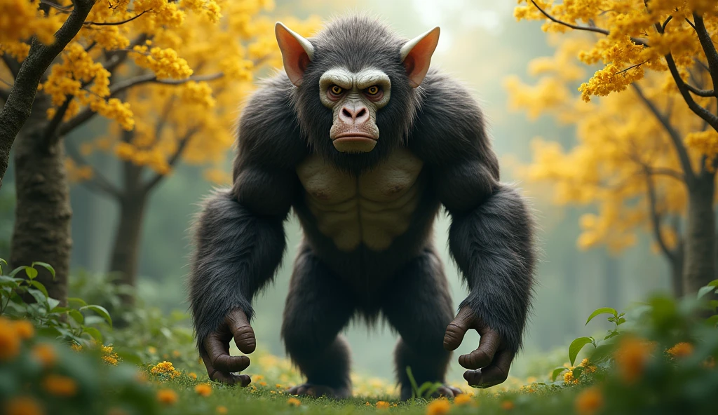 Front view,There is a wild beast in the osmanthus forest,Looks like an ape but has white ears,Standing and walking(best quality,4K,8k,High level,masterpiece:1.2),Ultra Detailed,(lifelike,Photo real,Photo real:1.37)