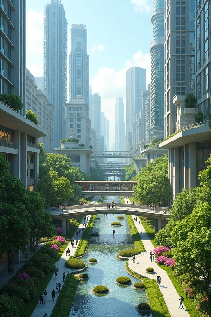 Create a modern city, with tall buildings, pedestrian-only streets, quite wooded, with large green areas, trams and subways as a means of transport, with lots of statues, fountains and ornaments .