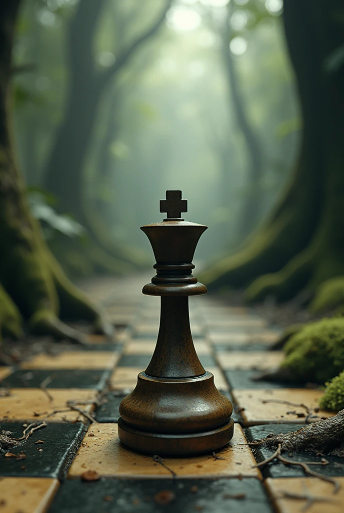 chess pawn wanting to be a chess king, Gothic, on a board with realistic forest colors