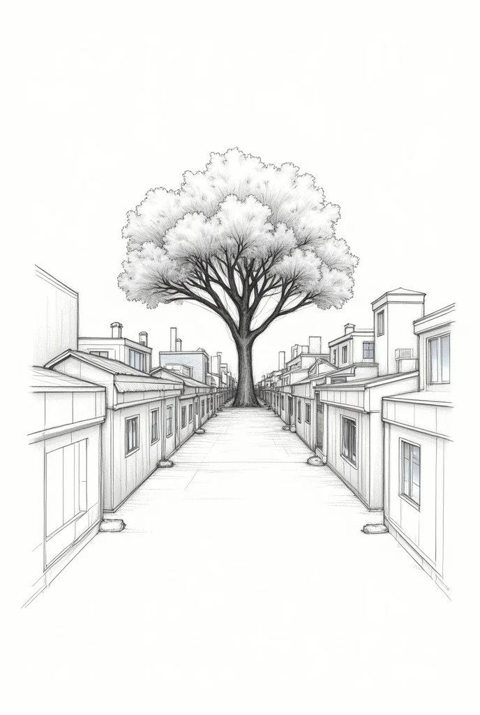 Make me a picture of a wall art that has a tree in the middle and buildings around it, do it for me in sketch form 
