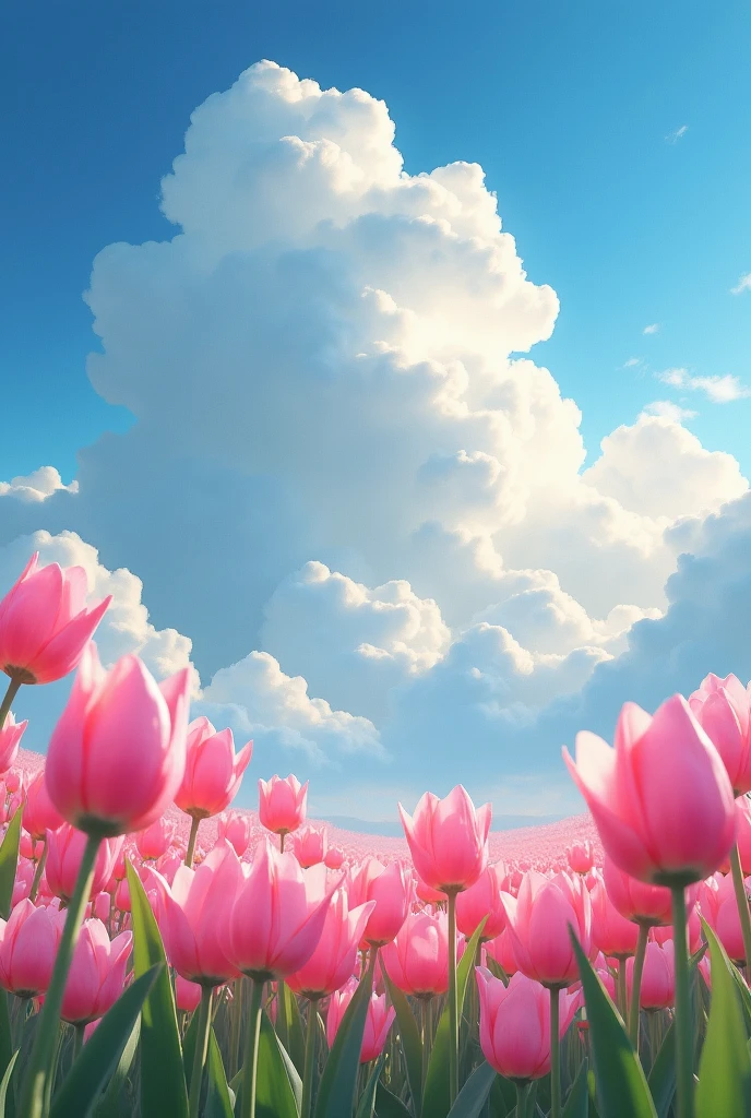 Many Pink tulip flowers,  dark blue sky, big big white clouds 