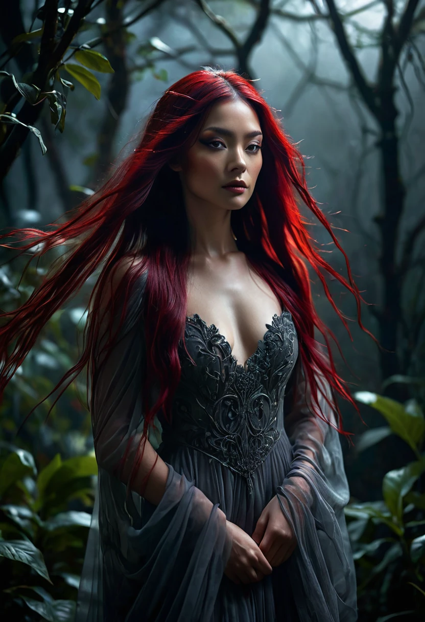 A woman, hauntingly beautiful and enigmatically dark, embodies the mysterious aura of the hingabana flower. She has delicate, otherworldly features, with long, flowing hair that resembles strands of shadow interwoven with deep crimson highlights, reflecting the exotic and ominous tones of the flower. (((A woman with long black and red hair 1.75))) (((hypnotically beautiful and unsettling))), her skin is pale and translucent, like the mist enveloping the nocturnal fields where the flower thrives, creating a striking contrast with the darkness of her hair.
She stands in a secret garden, shrouded in thick fog, with moonlight filtering through the trees, casting an ethereal glow upon her. Her gown is a fluid, jet-black fabric with red accents that seem to move like shadows, flowing around her with a spectral grace. Her eyes are a deep, opaque red, like dark rubies, exuding a haunting, penetrating intensity.
8K, her presence is ethereal and enigmatic, extremely detailed, (high quality, realistic, photorealistic: 1.37), with ideal proportions and smooth, luminous skin, meticulously crafted features, haunting beauty, perfection, artistic art, vivid realism, hyper-detailed sculpting, realistic shapes, truly inspiring, impeccable craftsmanship, pure brilliance, supernatural beauty, delicate yet chilling contours, striking poses, sublime elegance, subtle nuances, dynamic compositions, perfect lighting, unsettling expressions, spectral aura, majestic presence, nightmarish atmosphere, unmatched detailed high octane rendering trending on artstation, 8k art photography, photorealistic concept art, cinematic volumetric soft natural light, chiaroscuro, award-winning photography, fine art, oil on canvas, beautiful, detailed, intricate,