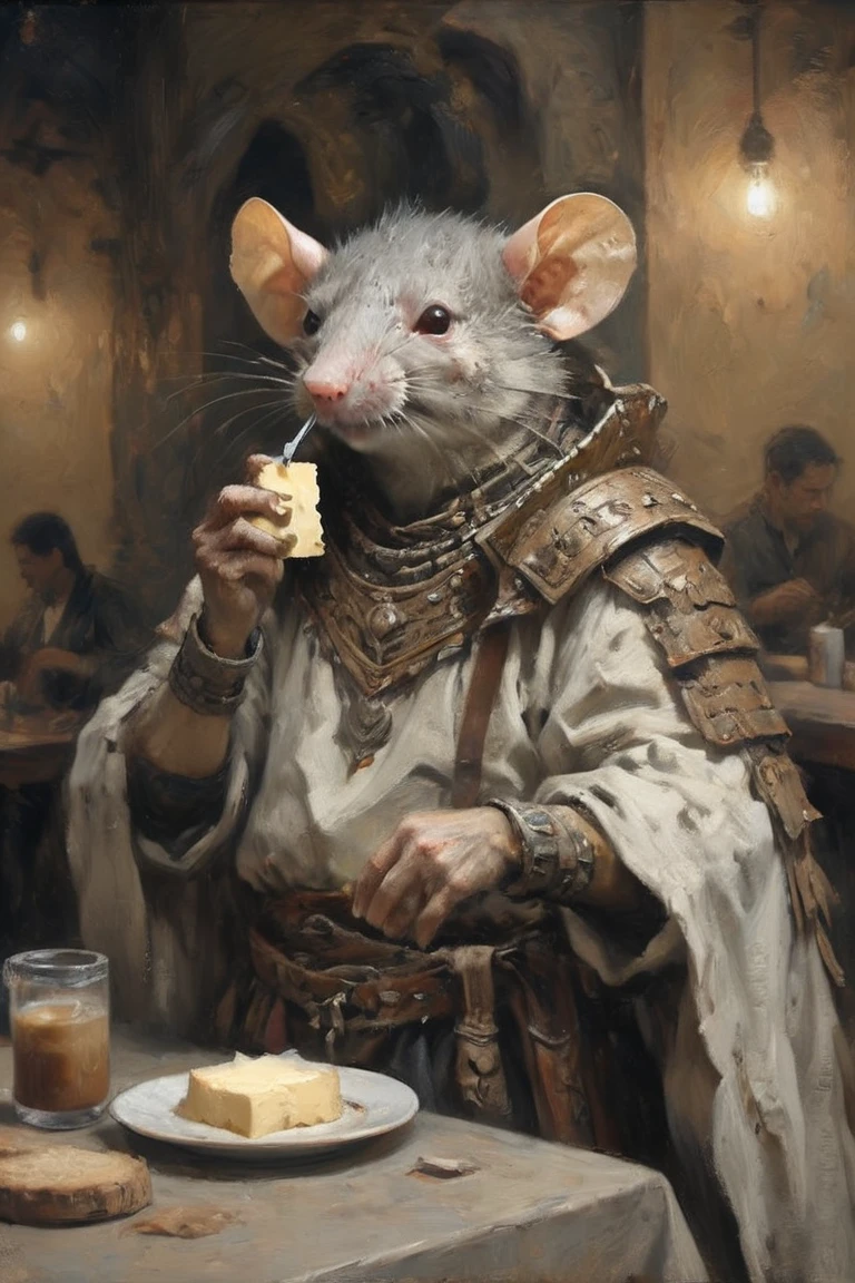 Absurd Wabi-Sabi, a Rat Man，With cheese，Becoming an Angel in Venezuela, Drinking coffee at a cafe, Dressed in elegant tribal-era armor， Surrealism, Holding a knife with the tip of the cheese stuck in it