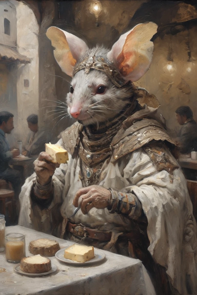 Absurd Wabi-Sabi, a Rat Man，With cheese，Becoming an Angel in Venezuela, Drinking coffee at a cafe, Dressed in elegant tribal-era armor， Surrealism, Holding a knife with the tip of the cheese stuck in it