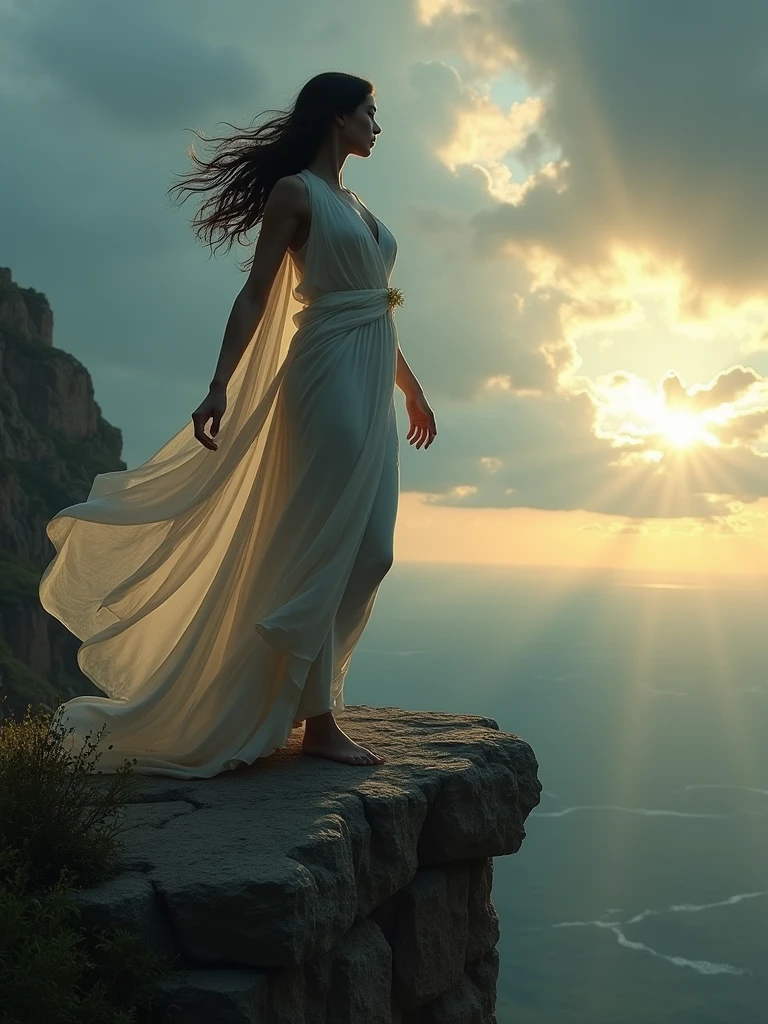 A statuesque Greek goddess stands on the precipice of a windswept cliff, her form outlined against a stormy sky. Dressed in diaphanous robes of the purest white, she is the embodiment of grace and strength. Her left foot is firmly planted on a rocky outcropping, while her right leg is extended, toes curled as if ready to take flight. Her arms are outstretched, one hand reaching towards the heavens as if to grasp a tempestuous cloud, the other holding a golden lyre. Her gaze is fixed on a distant horizon, her expression a blend of defiance and longing. Her long, raven hair, wild and untamed, billows around her like a dark halo. The setting sun casts long, dramatic shadows across her form, highlighting the intricate details of her flowing robes and the muscular contours of her body. A low angle shot emphasizes her stature and the vastness of the landscape below. The overall color palette is muted, with deep blues and greens dominating the sky and sea, and warm golds and browns highlighting the goddess and the cliff face