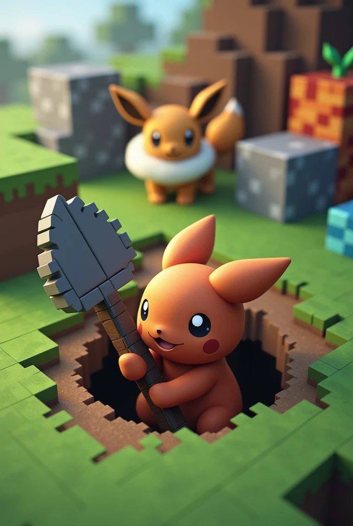 create a picture with a digda from pokemon x looking out of his hole from pokemon with a minecraft shovel and in the background an Eevee with lots of blocks on the foot