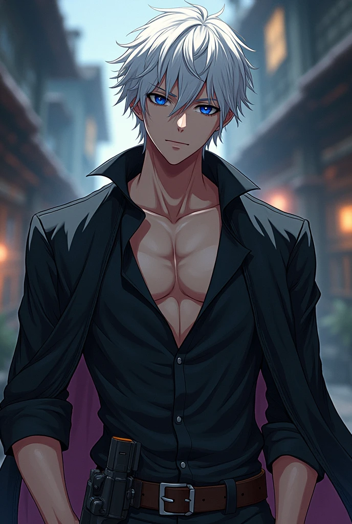 short white hair anime handsome boy with emotionless dark blue sharp eyes, white hair toned, with katana wearing open wide collar black shirt with a pirate cape in the shoulders with black steel old century gun on belt