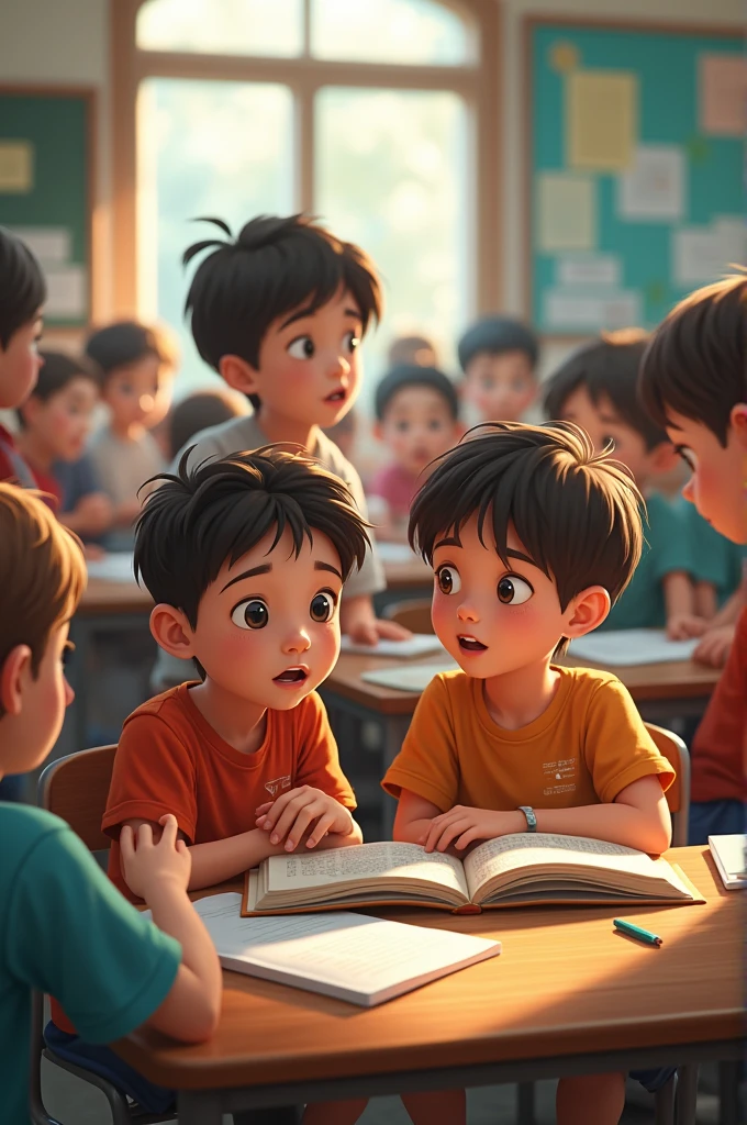 A 2 boy is sitting with a book in the classroom with many children.