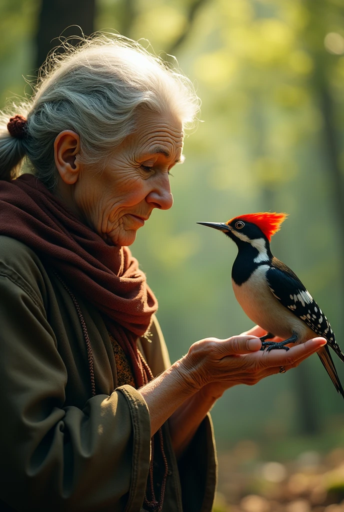 Old women with woodpecker