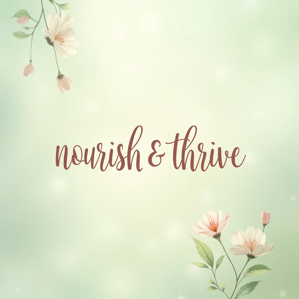 Create a elegant image featuring the name 'Nourish & Thrive' readable and centered. Use a soft and feminine color palette, such as pastel greens and light pinks, evoking a sense of health and well-being. The typography should be modern, clean, appealing to a female audience. The background should be light and simple, allowing the name and symbols to stand out harmoniously.