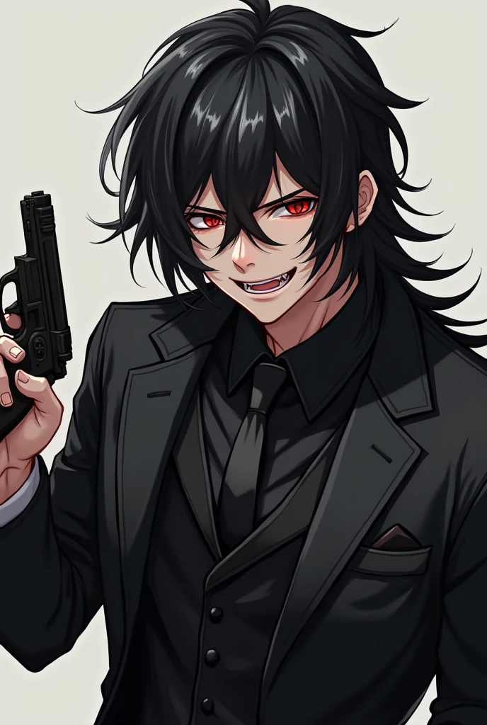 Portrait of an anime boy with muscular body having psycho red wild eyes, psycho smile wearing black suit with tie, having gun in hand ,very long black hair