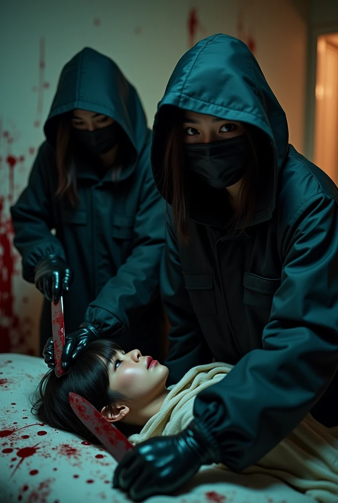 2 korean girls, (behind stiff, black surgical mask), stabbing, holding knife, black leather gloves, bloody room, black raincoat, hood up, girl only, bloody knife, leather gloves, woman on top, bed room, blood splatter, night, mass murderer, killer, blood splatter, bloody room, behind cadaver, close up
