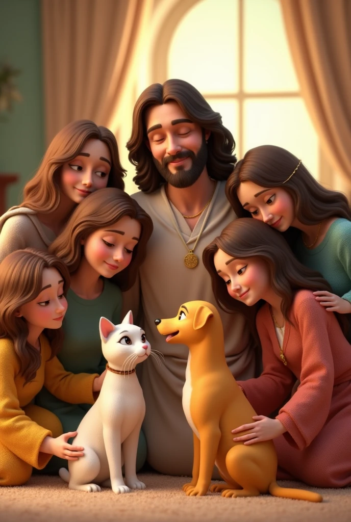 tender image of Jesus with an adult mother, five adult daughters, a yellow dog and a white cat, Pixar 3D type image