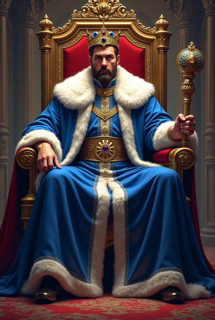 King on a throne with blue clothes and a scepter, ralist