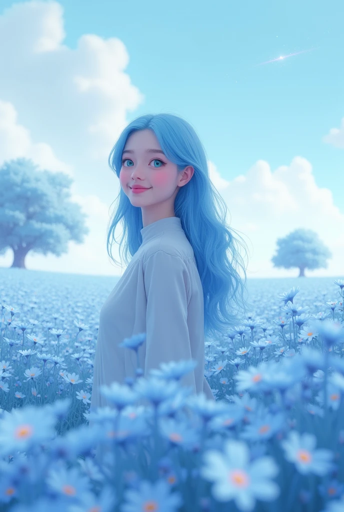 (absurdres, highres, ultra detailed, UHD, cinematic), solo, 1girl, mature, happy, girl standing in light blue flower field, light blue flower petal surrounding girl, full body, blue long hair girl, light blue hair, fantasy, dreamy, snowy, official art, pop art, profile, ultra detailed face, ultra detailed eyes, light blue flower field, ultra detailed field, white blue sky, cold, light blue, white,  nebula in the sky, blue tree, watercolor, pastel color