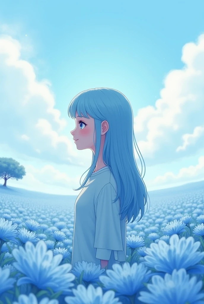 (absurdres, highres, ultra detailed, UHD, cinematic), solo, 1girl, mature, happy, girl standing in light blue flower field, light blue flower petal surrounding girl, full body, blue long hair girl, light blue hair, fantasy, dreamy, snowy, official art, pop art, profile, ultra detailed face, ultra detailed eyes, light blue flower field, ultra detailed field, white blue sky, cold, light blue, white, nebula in the sky, blue tree, watercolor, pastel color