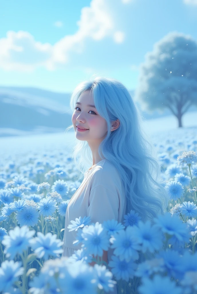 (absurdres, highres, ultra detailed, UHD, cinematic), solo, 1girl, mature, happy, girl standing in light blue flower field, light blue flower petal surrounding girl, full body, blue long hair girl, light blue hair, fantasy, dreamy, snowy, official art, pop art, profile, ultra detailed face, ultra detailed eyes, light blue flower field, ultra detailed field, white blue sky, cold, light blue, white, nebula in the sky, blue tree, watercolor, pastel color